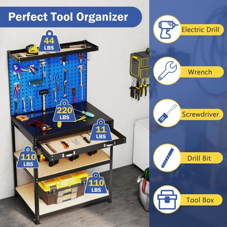32 x 16 Inch Workbench Work Table with 2 PCs Pegboard Drawer and Shelves-Navy