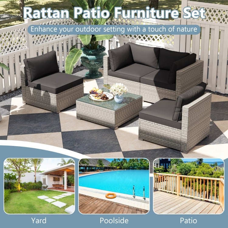 5-Piece Outdoor Patio Sectional Sofa Couch and Glass Coffee Table with Cushions-Black