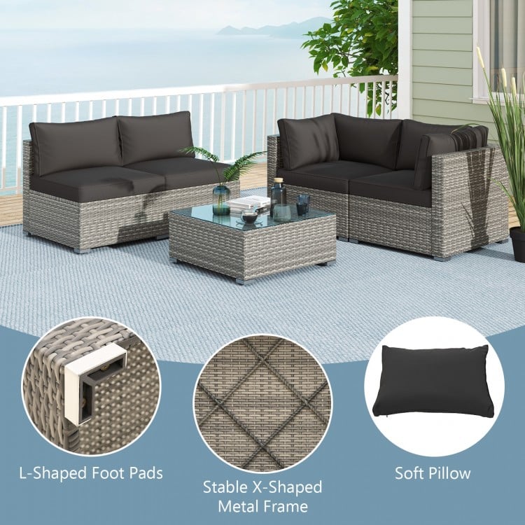 5-Piece Outdoor Patio Sectional Sofa Couch and Glass Coffee Table with Cushions-Black