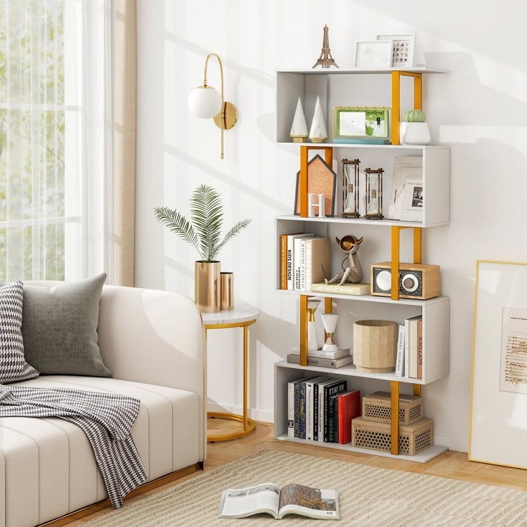 5-Tier/6-Tier Geometric Bookcase with Metal Frame and Anti-tipping Kits-5 Tier