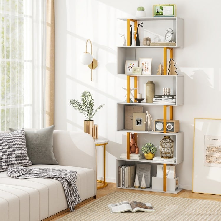 5-Tier/6-Tier Geometric Bookcase with Metal Frame and Anti-tipping Kits-6-Tier