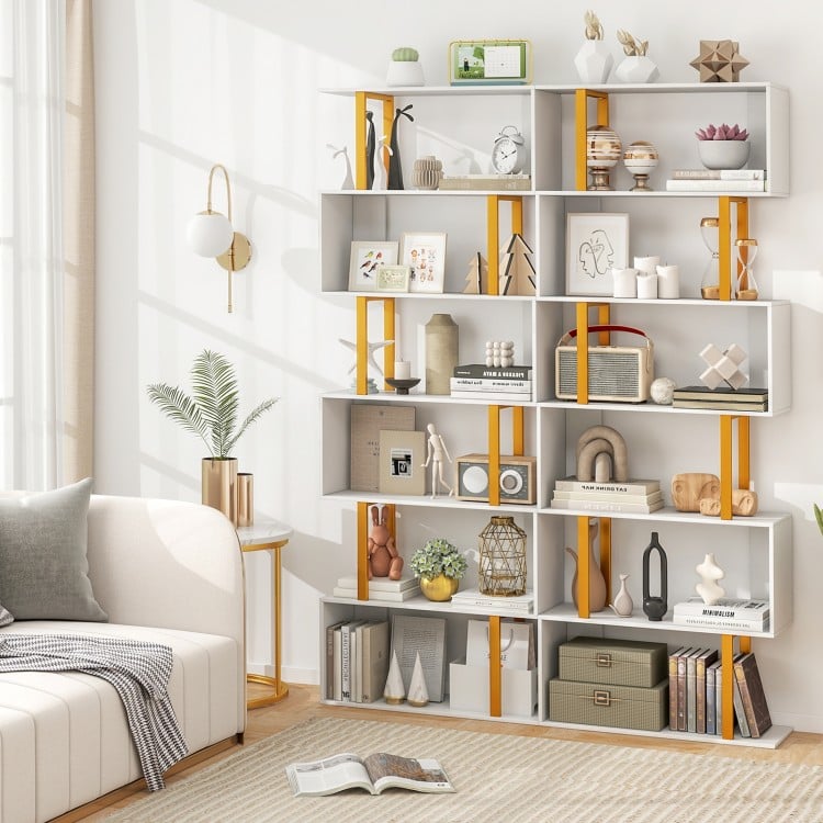 5-Tier/6-Tier Geometric Bookcase with Metal Frame and Anti-tipping Kits-6-Tier