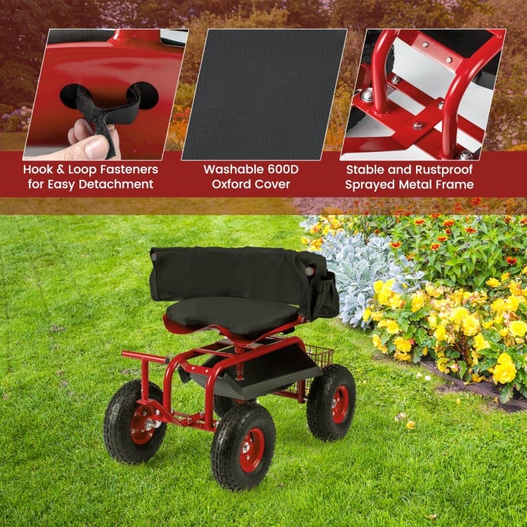 Rolling Garden Cart with Height Adjustable Swivel Seat and Storage Basket-Red