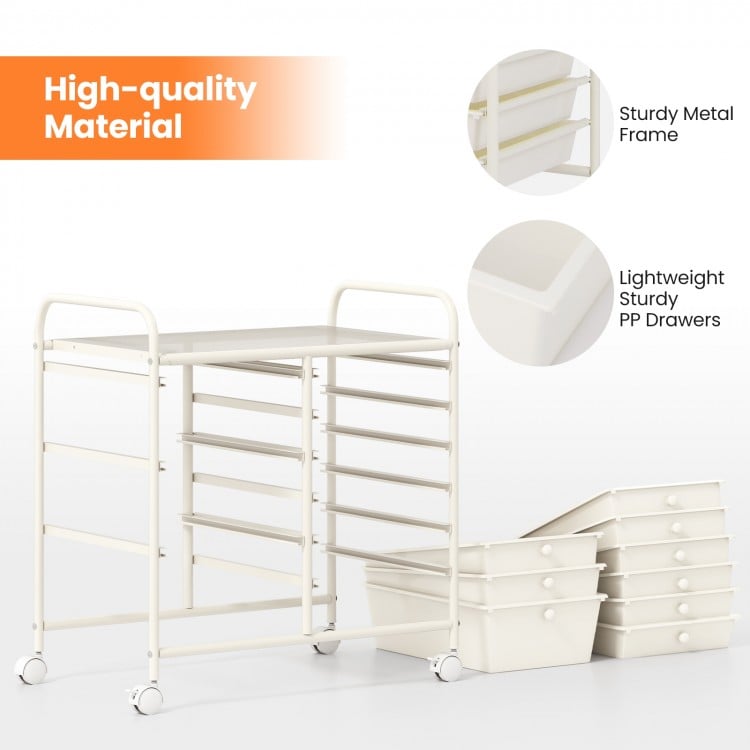 9-Drawer Rolling Storage Cart with Colorful Drawers and Metal Frame-White