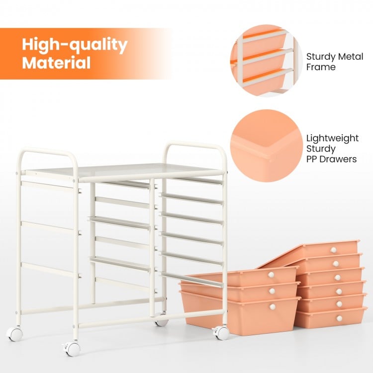 9-Drawer Rolling Storage Cart with Colorful Drawers and Metal Frame-Peach