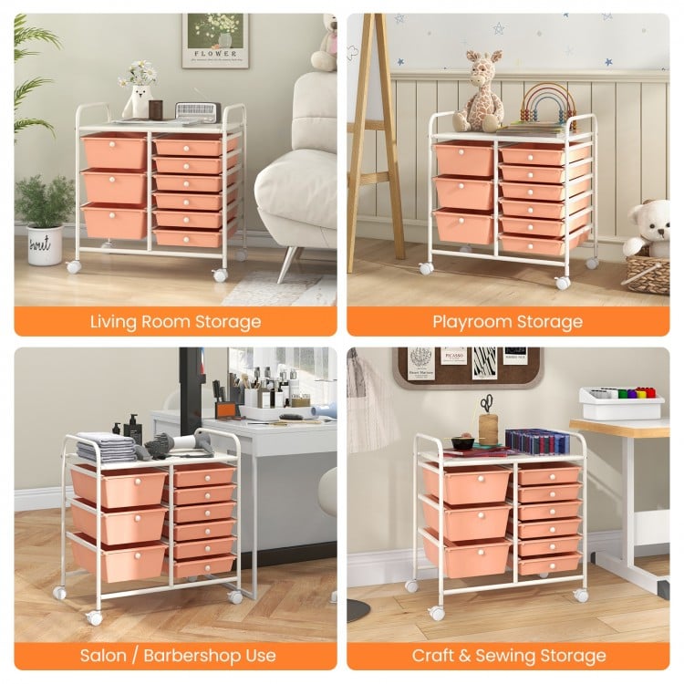 9-Drawer Rolling Storage Cart with Colorful Drawers and Metal Frame-Peach