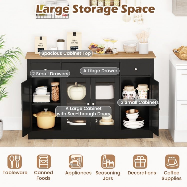 55" Large Buffet Sideboard Kitchen Storage Cabinet with 3 Drawers 2 See-through Doors Adjustable Shelves Wine Bar Table-Black