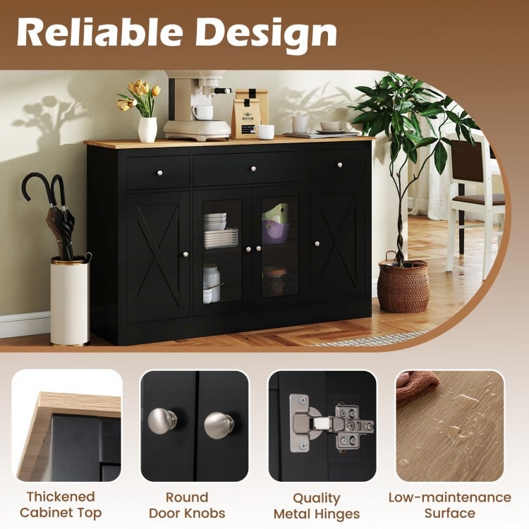 55" Large Buffet Sideboard Kitchen Storage Cabinet with 3 Drawers 2 See-through Doors Adjustable Shelves Wine Bar Table-Black