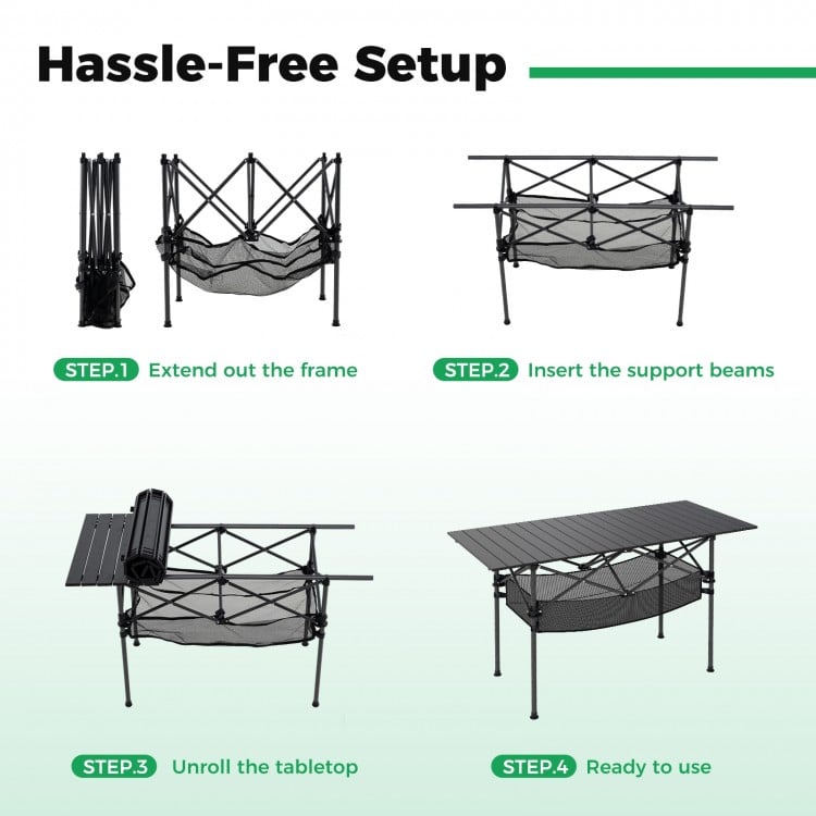 Patio Folding Camping Table with Roll-up Tabletop and Mesh Basket-Black