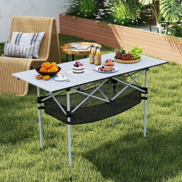 Patio Folding Camping Table with Roll-up Tabletop and Mesh Basket-Silver