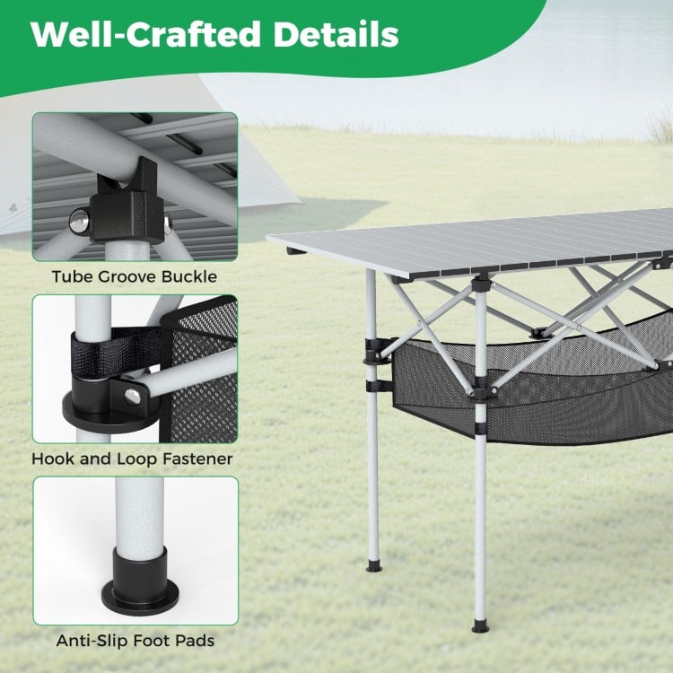 Patio Folding Camping Table with Roll-up Tabletop and Mesh Basket-Silver