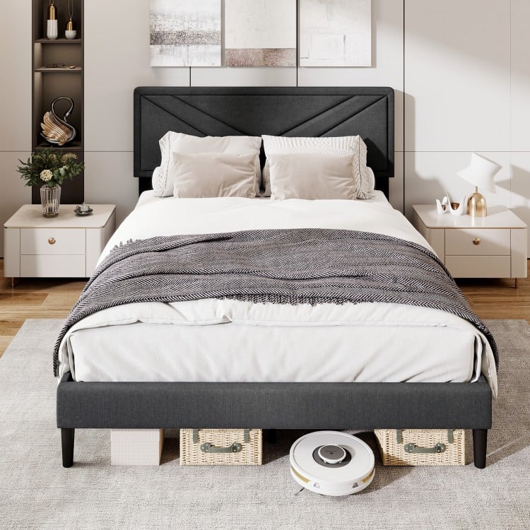 Upholstered Platform Bed with Tufted Headboard and Wooden Slats-Queen Size
