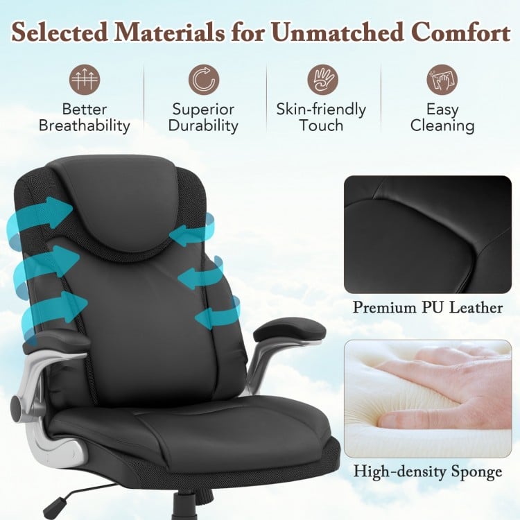 Ergonomic Office PU Leather Executive Chair with Flip-up Armrests and Rocking Function-Black
