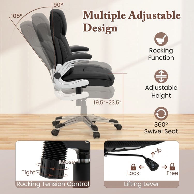 Ergonomic Office PU Leather Executive Chair with Flip-up Armrests and Rocking Function-Black