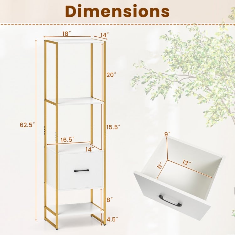 5-Tier Narrow Bookcase with 4 Open Shelves and Storage Drawer-White