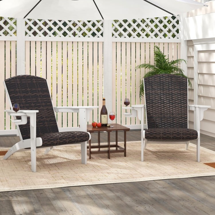Patio Adirondack Chair with Rattan Padded Seat and Hidden Cupholder-White