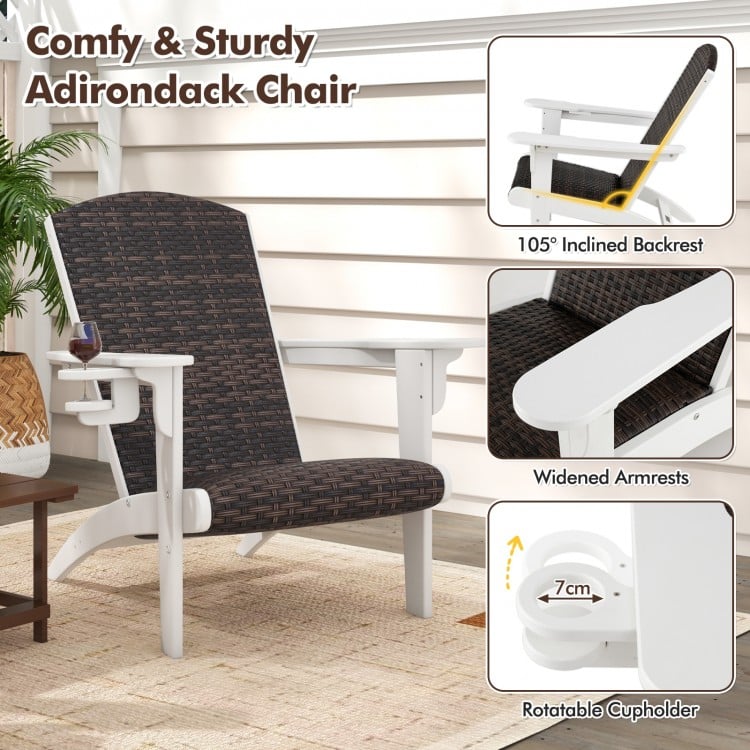 Patio Adirondack Chair with Rattan Padded Seat and Hidden Cupholder-White