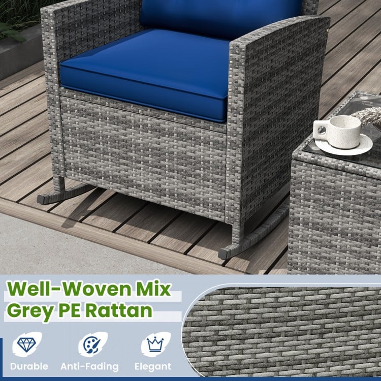 3-Piece Patio Rattan Roker Chairs with Tempered Glass Table and Soft Cushions-Dark Blue