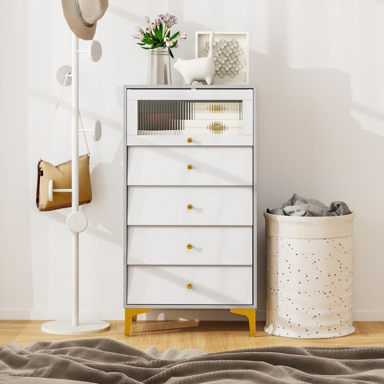 4 Drawer Modern Storage Cabinet with Flip Up Fluted Glass Door-Gray and White