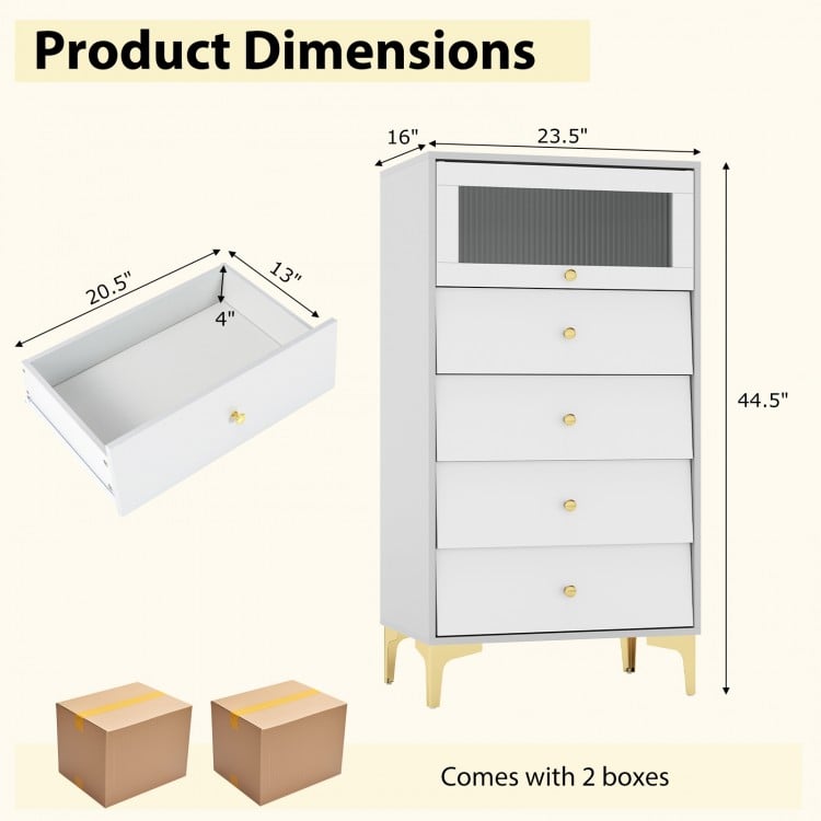 4 Drawer Modern Storage Cabinet with Flip Up Fluted Glass Door-Gray and White