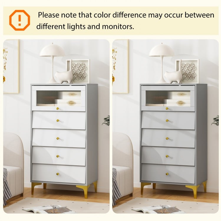 4 Drawer Modern Storage Cabinet with Flip Up Fluted Glass Door-Gray and White