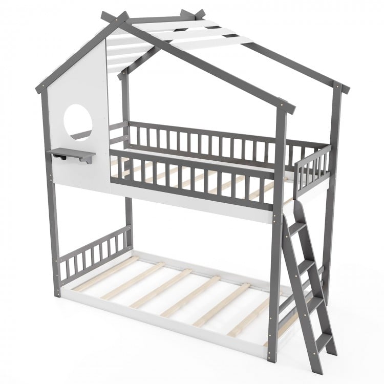Twin over Twin House Bunk Bed with Roof and Guardrails for Kids-White & Gray