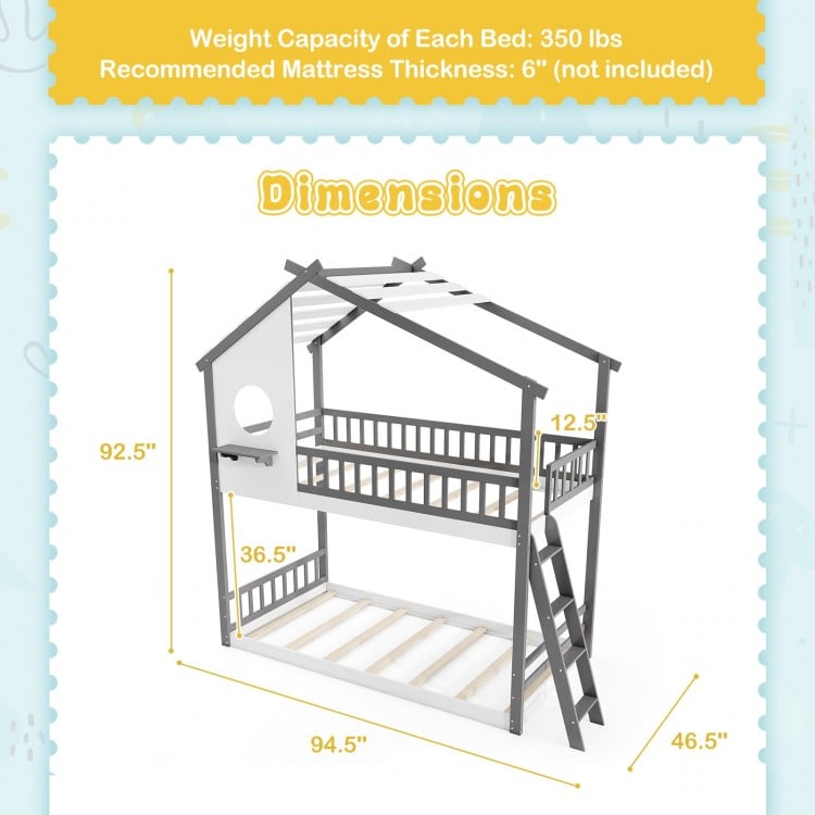 Twin over Twin House Bunk Bed with Roof and Guardrails for Kids-White & Gray