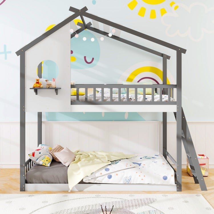 Twin over Twin House Bunk Bed with Roof and Guardrails for Kids-White & Gray