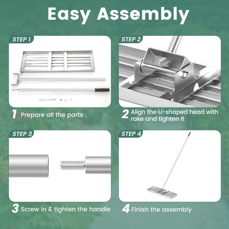 30 x 10 Inch Lawn Leveling Rake with Ergonomic Handle-Silver