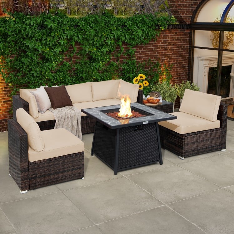 7 Pieces Patio Furniture Set with 35 Inches 50000 BTU Propane Gas Fire Pit Table and Waterproof Cover for Firpit-Red