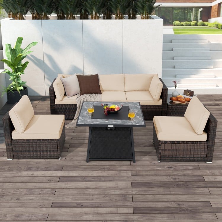 7 Pieces Patio Furniture Set with 35 Inches 50000 BTU Propane Gas Fire Pit Table and Waterproof Cover for Firpit-Red