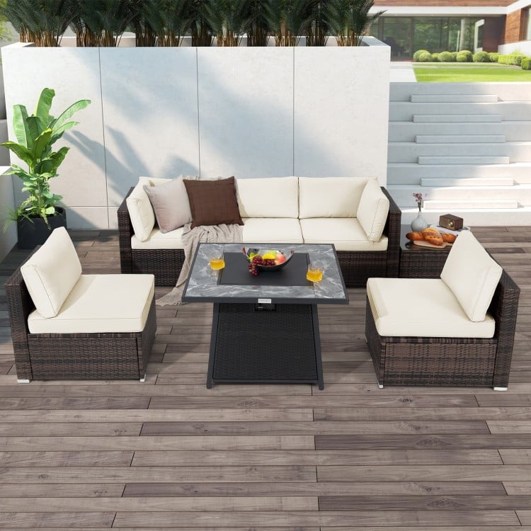7 Pieces Patio Furniture Set with 35 Inches 50000 BTU Propane Gas Fire Pit Table and Waterproof Cover for Firpit-Red