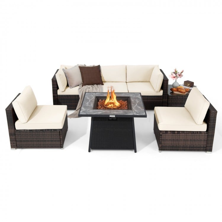 7 Pieces Patio Furniture Set with 35 Inches 50000 BTU Propane Gas Fire Pit Table and Waterproof Cover for Firpit-Red