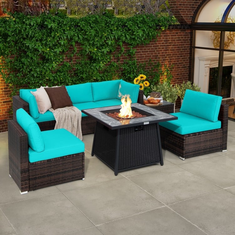 7 Pieces Patio Furniture Set with 35 Inches 50000 BTU Propane Gas Fire Pit Table and Waterproof Cover for Firpit-Red