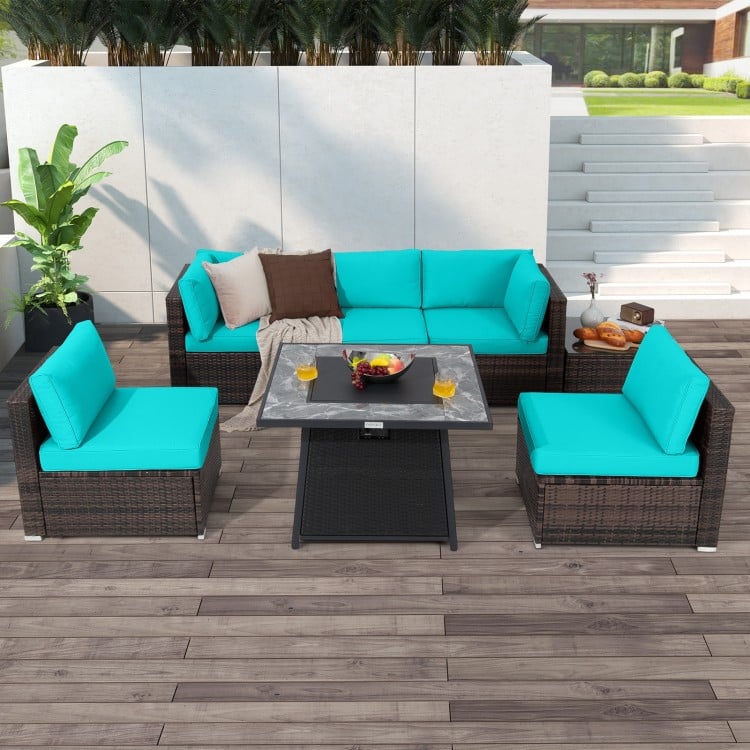7 Pieces Patio Furniture Set with 35 Inches 50000 BTU Propane Gas Fire Pit Table and Waterproof Cover for Firpit-Red