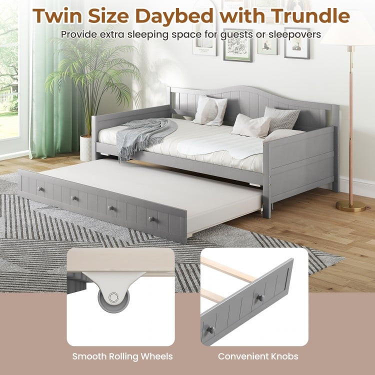 Twin Size Daybed with Trundle and Slats Support on Wheels-Gray