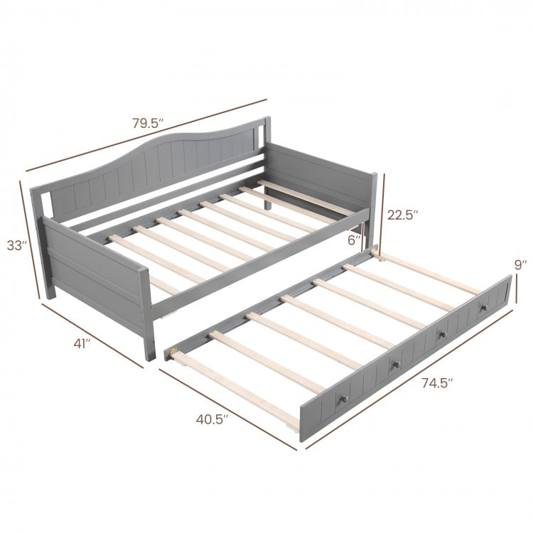 Twin Size Daybed with Trundle and Slats Support on Wheels-Gray