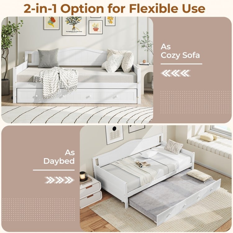 Twin Size Daybed with Trundle and Slats Support on Wheels-White