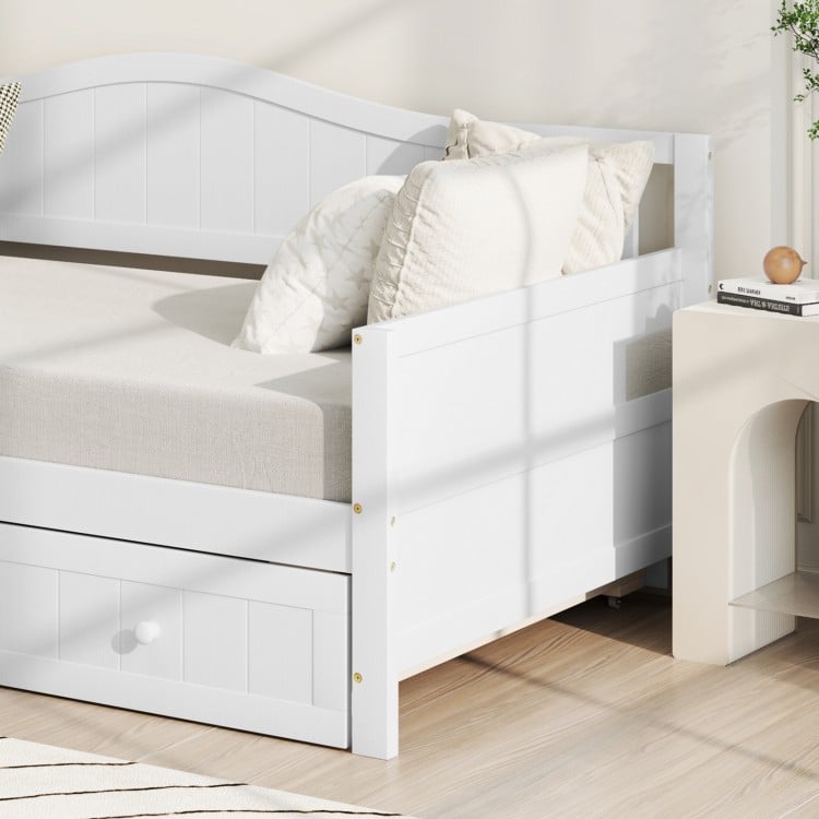 Twin Size Daybed with Trundle and Slats Support on Wheels-White