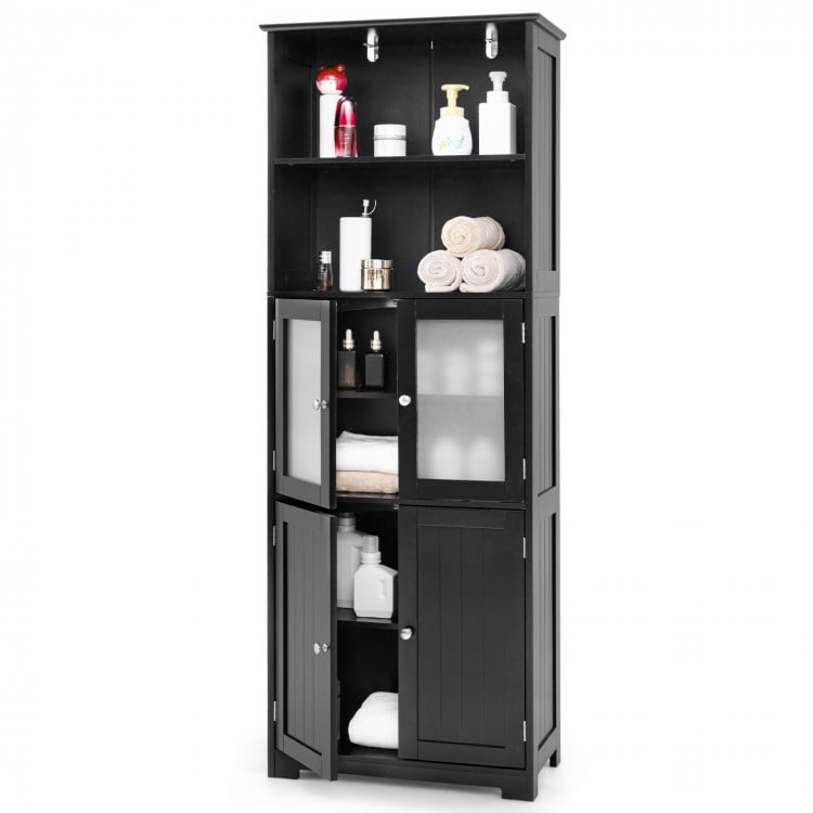 6-Tier Freestanding Bathroom Cabinet with 2 Open Compartments and Adjustable Shelves-Black