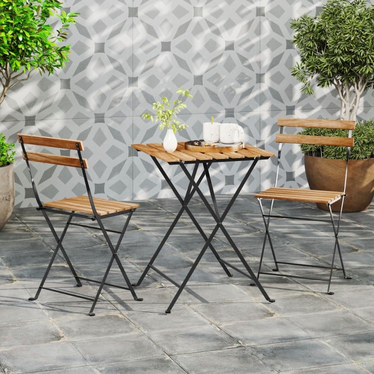 3 Piece Patio Acacia Wood Bistro Set with Slatted Seat and Tabletop-Brown