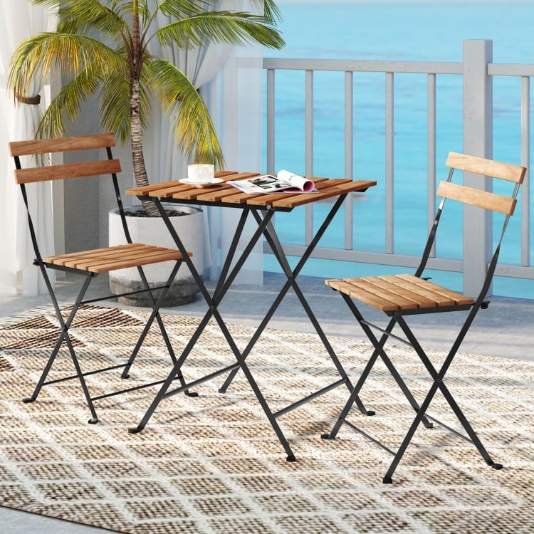3 Piece Patio Acacia Wood Bistro Set with Slatted Seat and Tabletop-Brown