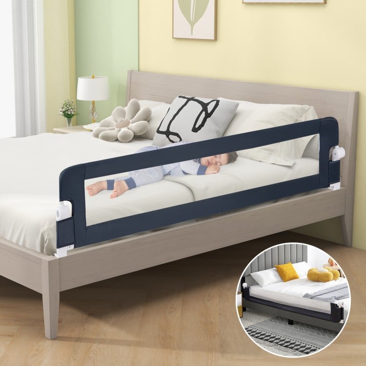 71-Inch Foldable Bed Rail Swing Down Baby Bed Guard Rail with Adjustable Safety Strap-Blue