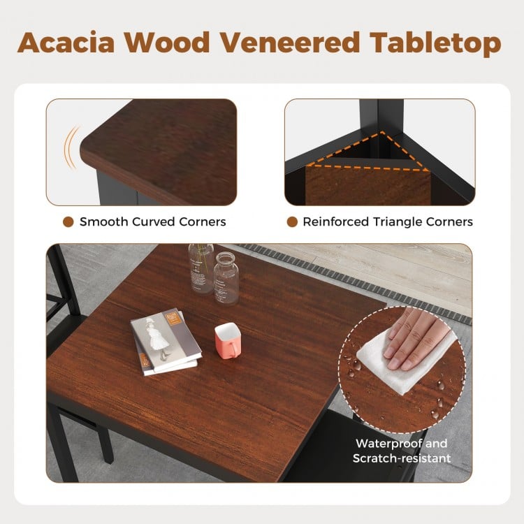 3-Piece Dining Table Set Wooden Square Kitchen Table for 2 People-Brown