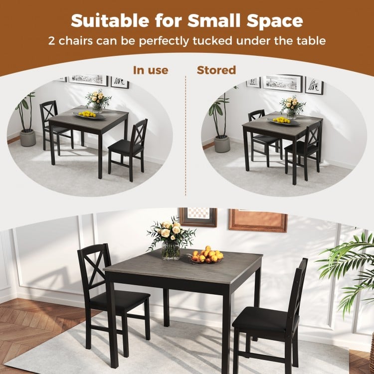 3-Piece Dining Table Set Wooden Square Kitchen Table for 2 People-Gray