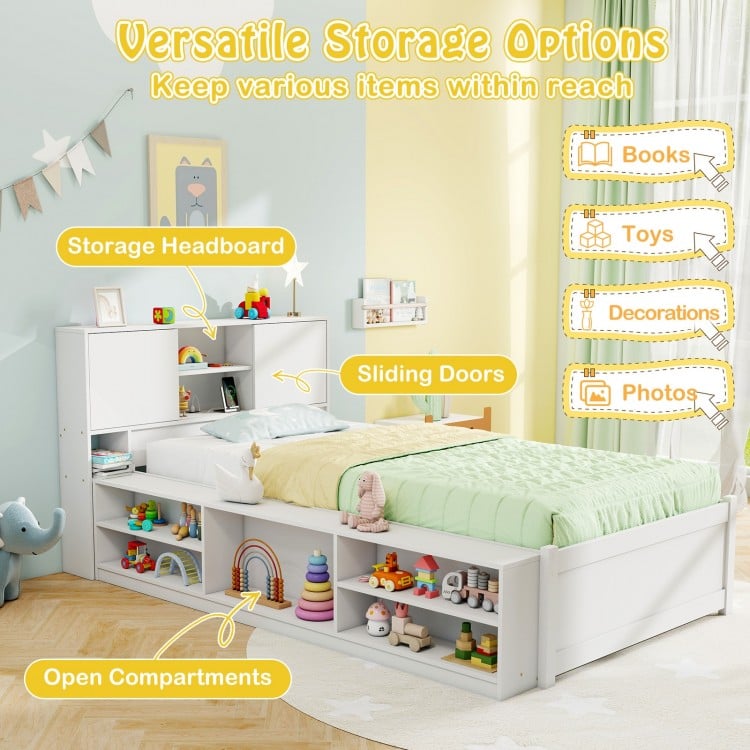 Twin Size Bed Frame with Trundle and Power Outlets-White