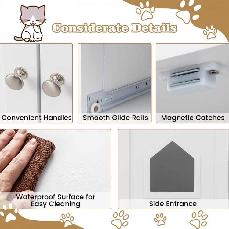Hidden Cat Washroom Side Cabinet Wooden Pet House with 2 Drawers-White