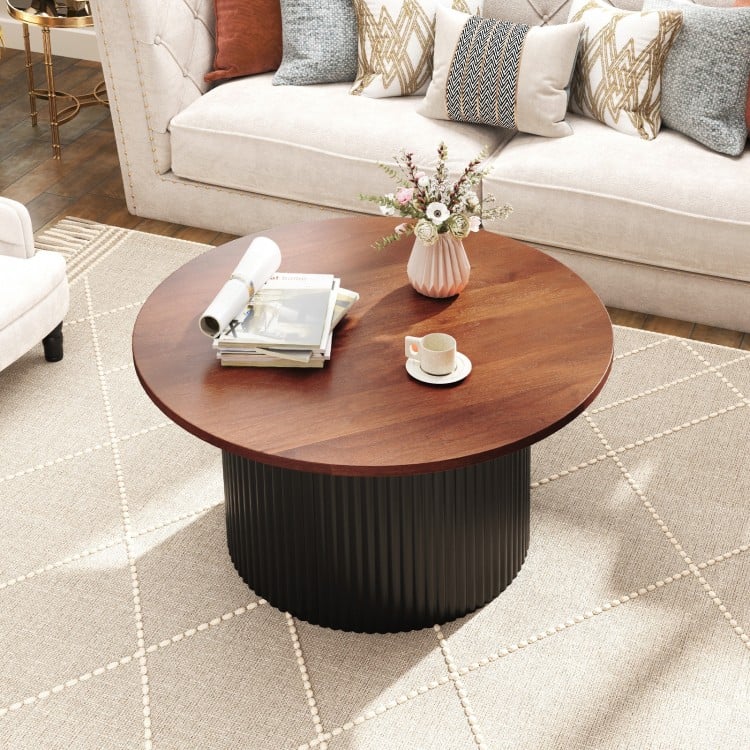 Round Coffee Table with Solid Wood Frame and Wooden Top-Walnut