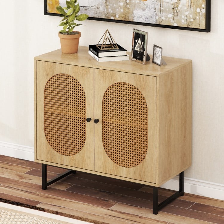 Buffet Cabinet Rattan Storage Cabinet with 2 Doors and Adjustable Shelf-Natural