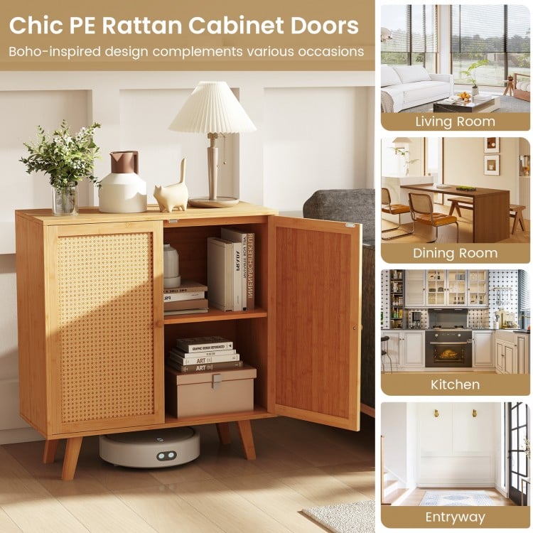Bamboo Buffet Storage Cabinet with PE Rattan Doors and Freestanding Kitchen Cupboard-Natural